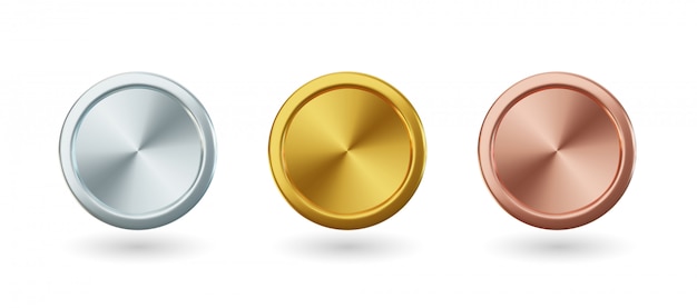 gouden munten en medaille met lint, set van geïsoleerde awards in realistisch ontwerp. Symbool van geld en rijkdom. Viering en ceremonie concept.