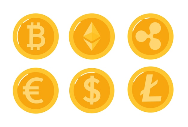 Gouden munten met bitcoin ethereum euro en dollar-symbool op een witte achtergrond vector