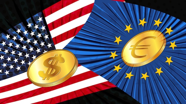 Gouden munten van amerikaanse dollar usd en euro eur met gekleurde nationale vlaggen van amerika en europa wisselkoersen zijn bijna gelijk en wie nu leider is, is niet duidelijk