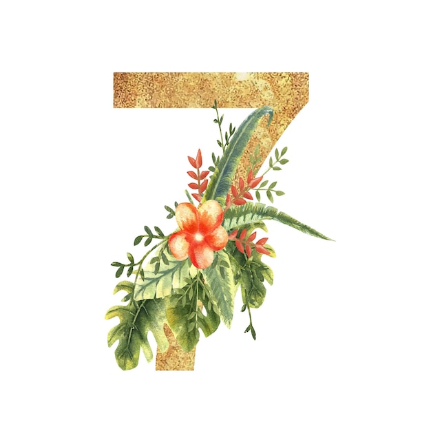 Gouden nummer 7 met een aquarel boeket van tropische bladeren en bloemen op een witte geïsoleerde achtergrond Handgetekende vectorillustratie