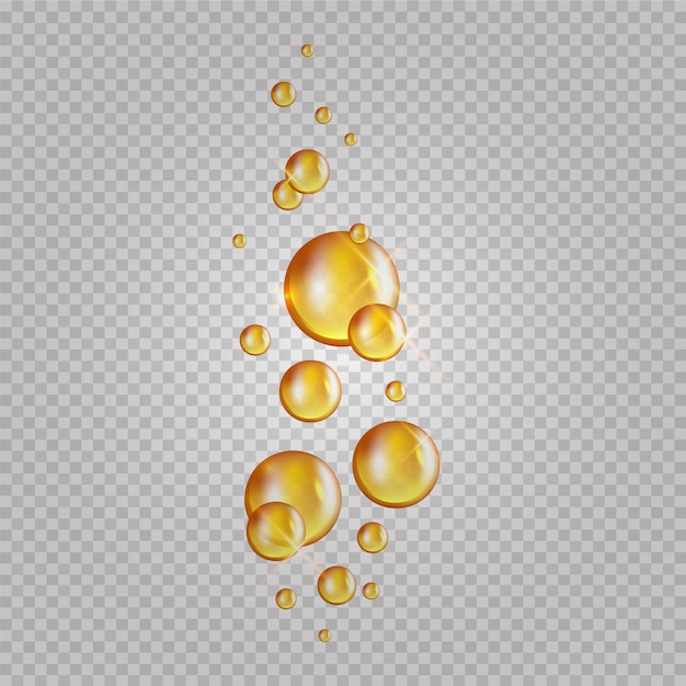 Gouden oliebellen. knipperen collageen capsules. Cosmetica oliedruppels geïsoleerd op transparante achtergrond