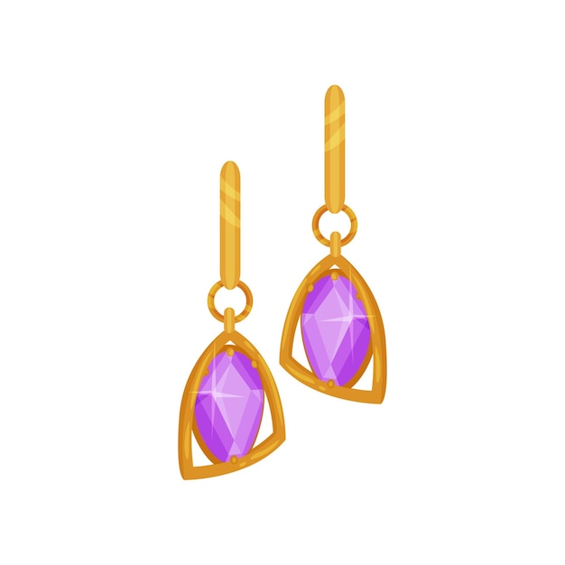 Gouden oorbellen met paarse edelstenen modieuze sieraden vector illustratie op een witte achtergrond