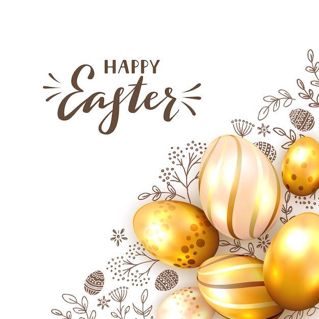 Gouden paaseieren op witte achtergrond met bloemmotief en belettering Happy Easter. Illustratie kan worden gebruikt voor vakantieontwerp, banner, website, wenskaarten.