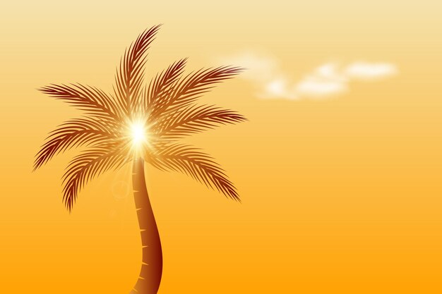 Gouden palmboom natuurlijk landschap met zonlicht, zonnestraal en witte wolken