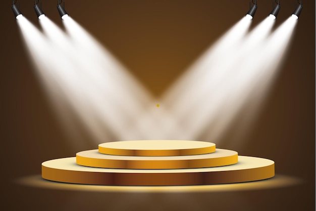 Gouden podium met een schijnwerper op een donkere achtergrond de eerste plaats roem en populariteit Vectorillustratie