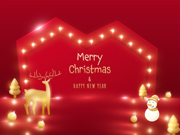 Gouden prettige kerstdagen en gelukkig nieuwjaar tekst met 3d rendieren, sneeuwpop, kerstboom, kerstballen op rode selectiekader hart frame achtergrond.