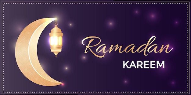 gouden ramadan eid maan met lantaarn en islamitische decoratie halve maan en gloeiende lamp vector banner