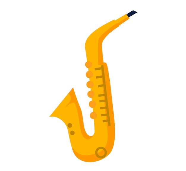 Gouden saxofoon op witte achtergrond in cartoon stijl geïsoleerde vector illustratie blaasinstrument muziekapparatuur voor het spelen van notities en geluiden bij orkest of jazzconcert klassieke saxofoon zijaanzicht