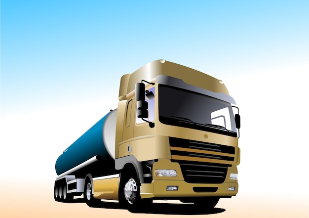 Gouden semi-truck met blauwe tank aanhangwagen die brandstof vervoert op een heldere dag