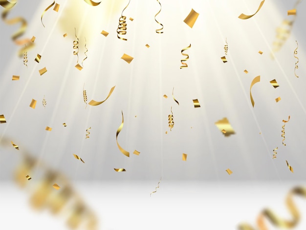 Gouden serpentine en confetti geïsoleerd op zwarte achtergrond Vectorillustratie