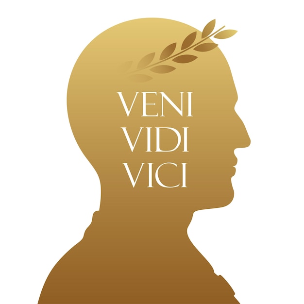 Gouden silhouet vector portret van Caesar met lauwerkrans en Veni Vidi Vici zin