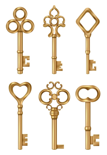 Gouden sleutel onroerend goed symbolen middeleeuwse sierlijke vintage sleutels voor deuren fatsoenlijke 3d-realistische illustraties