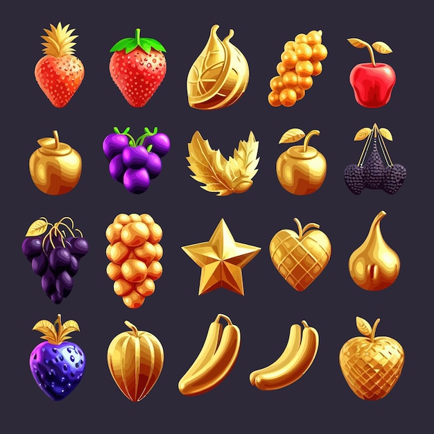 Gouden spel fruit geïsoleerde iconen voor casino gokautomaat geïsoleerd op achtergrond cartoon vector illustratie