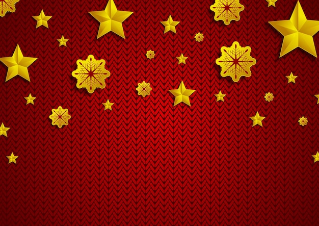 Gouden sterren en sneeuwvlokken op rode gebreide achtergrond Vector wenskaart ontwerp