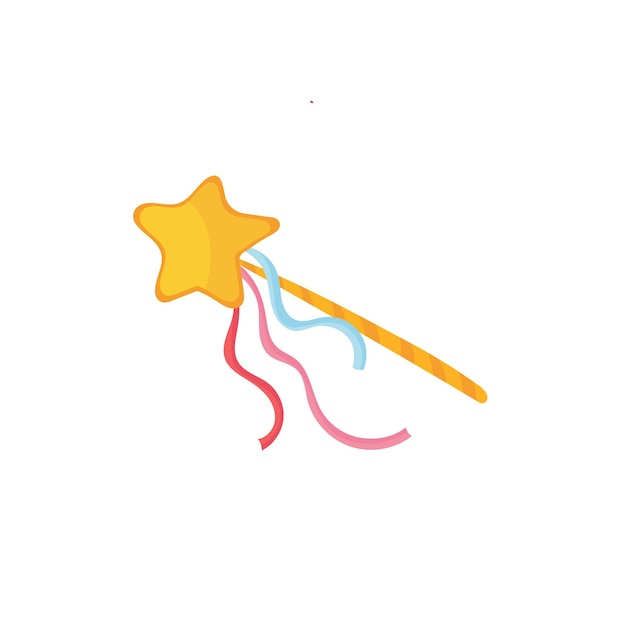 Gouden toverstaf met ster en gekleurde linten Cartoon icoon van stok met magische kracht Prinses accessoire Kleurrijke platte vector design