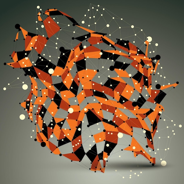 Gouden vector asymmetrische 3D abstracte constructie met zwart-wit verbonden lijnen en punten, geometrische vorm met roosterstructuur.