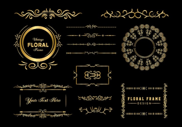 Gouden Vintage frames scheidingslijnen mega set geïsoleerd op wit Kalligrafische ontwerpelementen