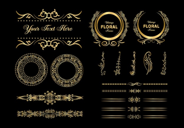 Gouden Vintage frames scheidingslijnen mega set geïsoleerd op wit Kalligrafische ontwerpelementen