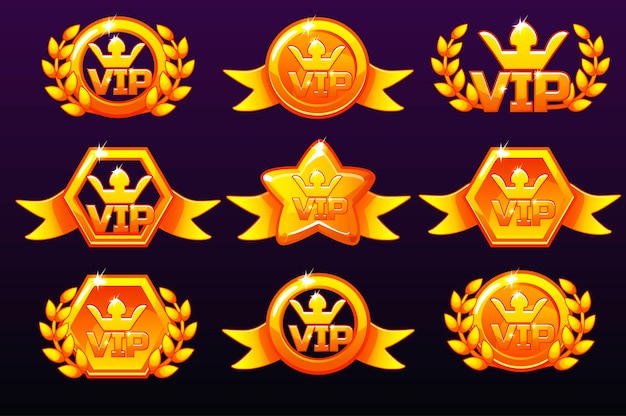 Gouden vip-pictogrammen die zijn ingesteld voor onderscheidingen die pictogrammen voor mobiele games maken
