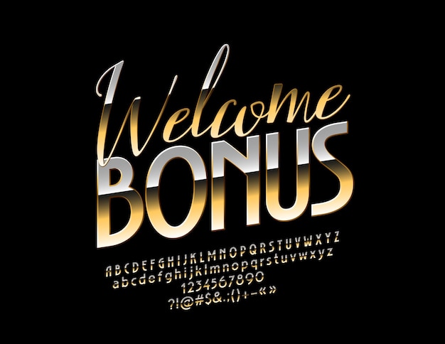 Gouden welkomstbonus teken. Glanzend chique lettertype. Luxe elegante Alfabetletters, cijfers en symbolen