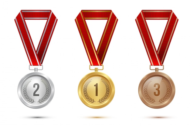 Gouden, zilveren en bronzen lege medailles die op rode geïsoleerde linten hangen