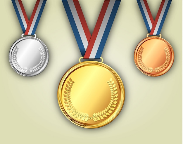 Gouden zilveren en bronzen medailles op linten