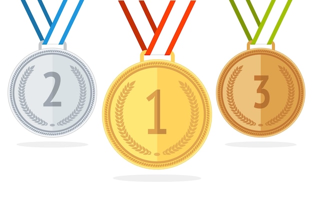 Gouden, zilveren en bronzen medailleset. platte stijl. vector illustratie