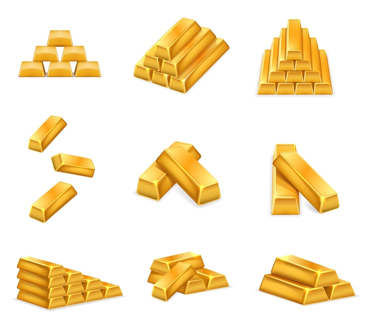 Vector goudstaven glinsterende gouden bakstenen gestapeld puur goudstaven banking rijkdom en luxe levensstijl realistische 3d vector illustratie set glanzend metaal blokkeert investeringen of handel