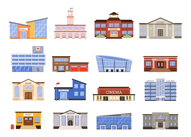 Government buildings municipal library hospital and post office building fire and police station court and university vector illustration set