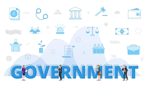 Government concept with big words and people surrounded by related icon with blue color style