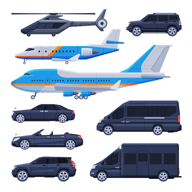 Vector government vehicles collection black presidential auto airplane helicopter luxury business transportation side view flat vector illustration