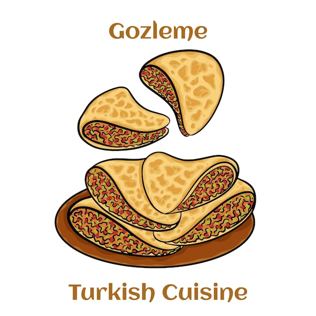 Vector gozleme is turkish pastry freshly baked appetizing turkish tortillas gozleme with with feta cheese turkish cuisine