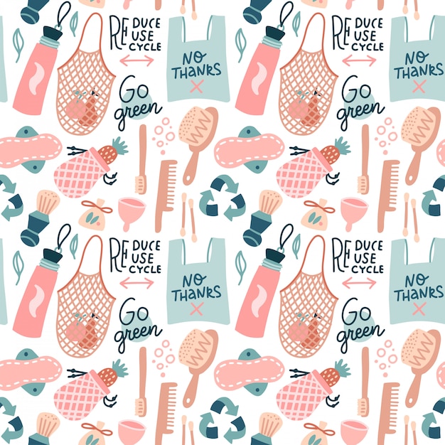 Gp green Seamless pattern. Hand drawn Zero waste design. No plastic elements of eco life - reusable bags, wooden combs, woman personal hygiene products . flat hand drawn illustration.