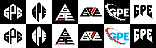 6가지 스타일의 GPE 문자 로고 디자인 GPE 다각형 원형 삼각형 육각형 평평하고 단순한 스타일(한 아트보드에 흑백 색상 변형 문자 로고 설정) GPE 미니멀리스트 및 클래식 로고