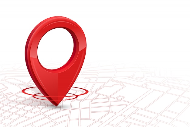 Gps.Gps icon 3D красный цвет, падающий на карту улиц в whitebackground