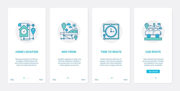 Gps map service to search road via navigator ux ui onboarding mobile app page screen set