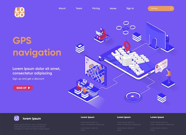 Gps-navigatie 3d isometrische bestemmingspagina website illustratie met mensen karakters