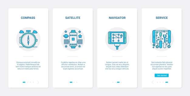 Gps-navigatieservicelijntechnologie ux, ui onboarding mobiele app-paginaschermset