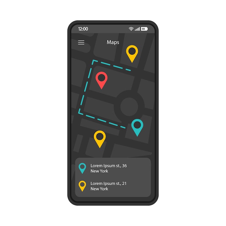 Vector gps navigation app interface vector template mobile application page black design layout route searching screen flat ui application choosing destination phone display with digital map pinpoints