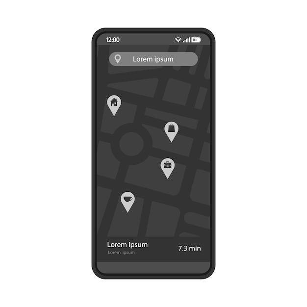 GPS navigation app interface vector template Mobile application page black design layout Route searching screen Flat UI Choosing destination Phone display with digital map and pinpoints