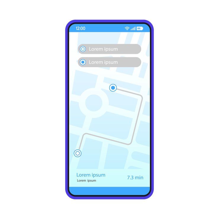 Vector gps 导航应用程序界面向量模板. 移动应用程序页面设计布局. 驾驶方向. 路线搜索屏幕. 平面 ui. 选择目的地.