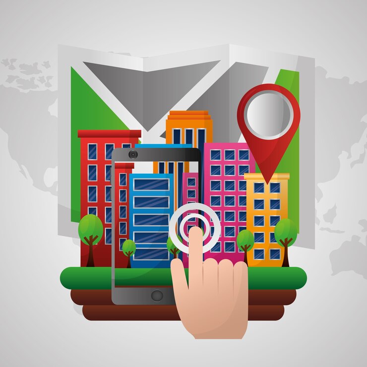 Vector gps navigation application hand clicking  high buildings red pin maps