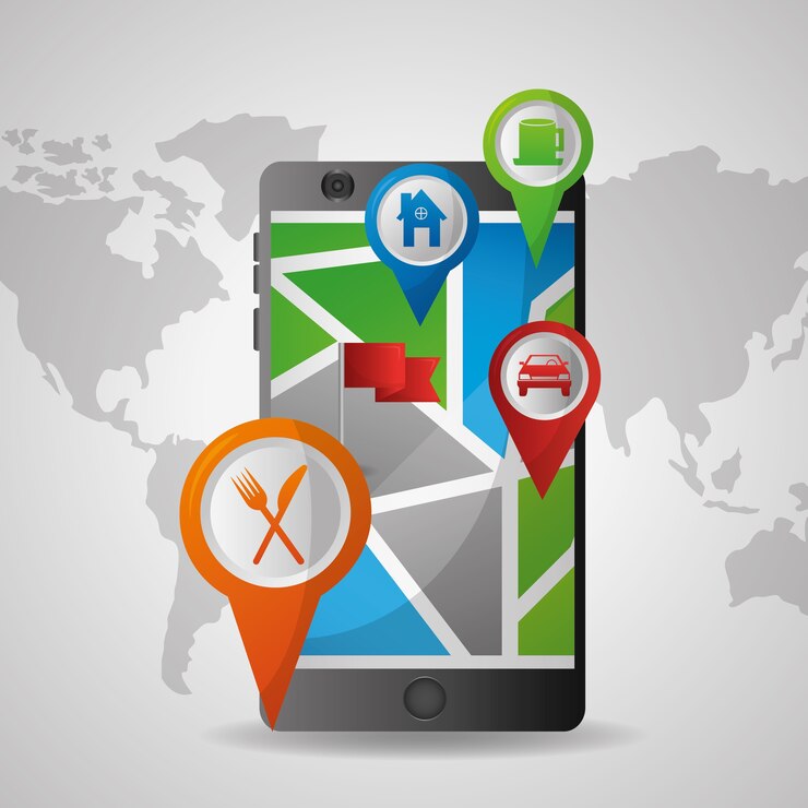 Vector gps navigation application location restaurant gasoline place stay pin maps