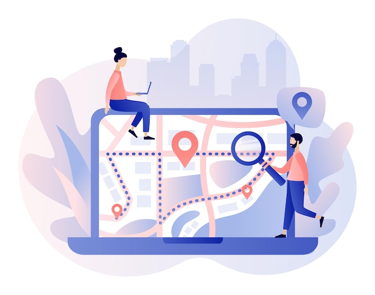 Vector gps navigation concept tiny people search on location online map we have moved vector
