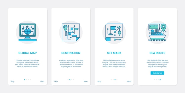 Set di schermate della pagina dell'app mobile per l'onboarding della linea di servizio globale di navigazione gps