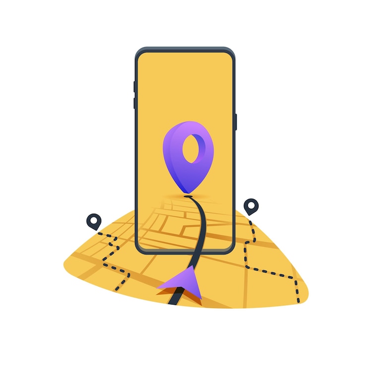 Вектор gps-навигация до цели с помощью онлайн-мобильного приложения включает дорогу смартфона на экране