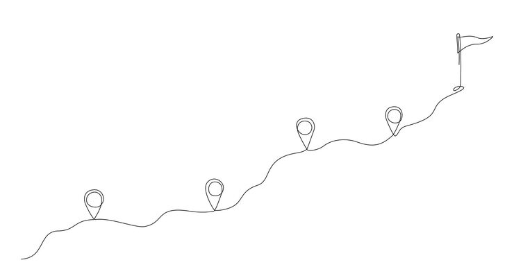 Vector gps navigation line track mark one line map point location symbols with flag in end of route location pointer continuous line pins on way between points map pin line on white background vector