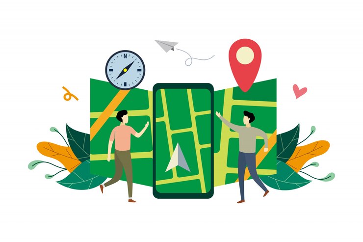 Vector gps navigation system, location on the city map flat illustration with small people