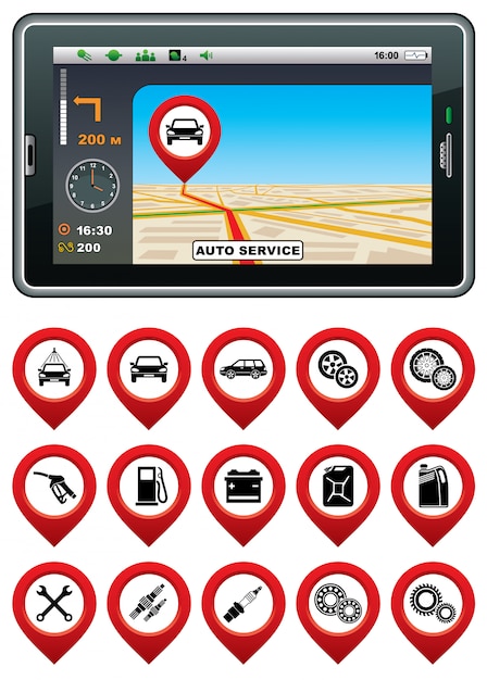 Vector gps-navigator met de aanwijzer autoservice.