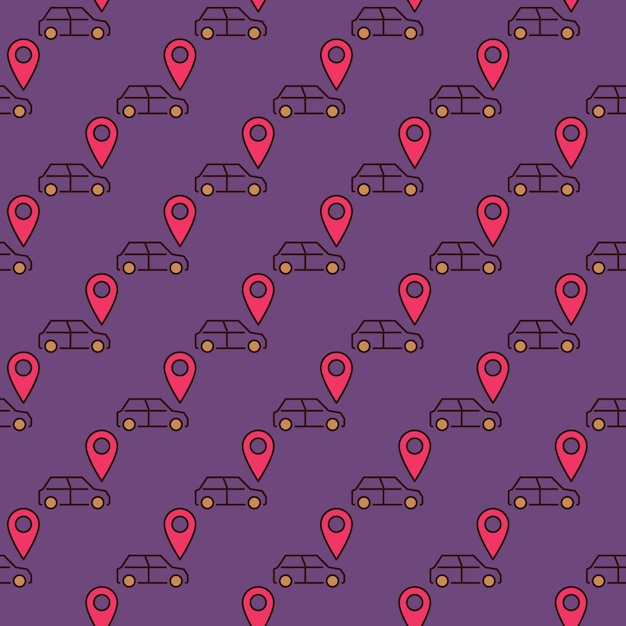 GPS Pin and Car vector Location colored seamless pattern